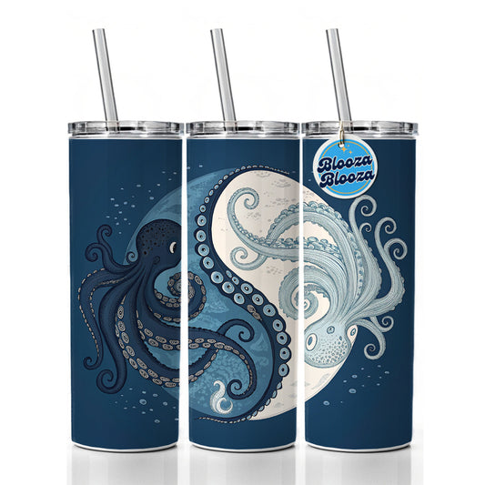 Two Octopus Yin Yang Blues Skinny Tumbler 20oz with Straw Insulated Water Bottle Gift