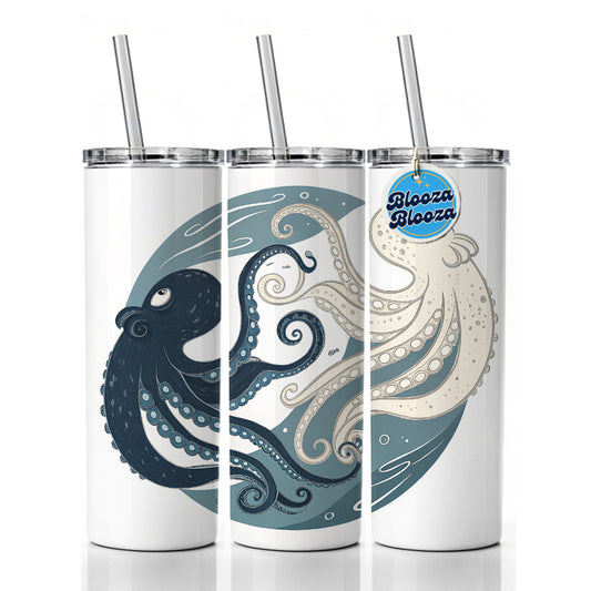 Two Octopus Yin Yang Skinny Tumbler 20oz with Straw Insulated Water Bottle Gift