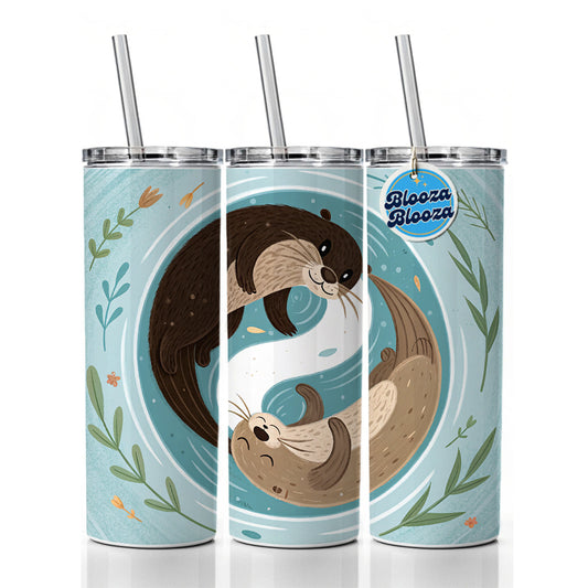 Two Otters Yin Yang Skinny Tumbler 20oz with Straw Insulated Water Bottle Gift