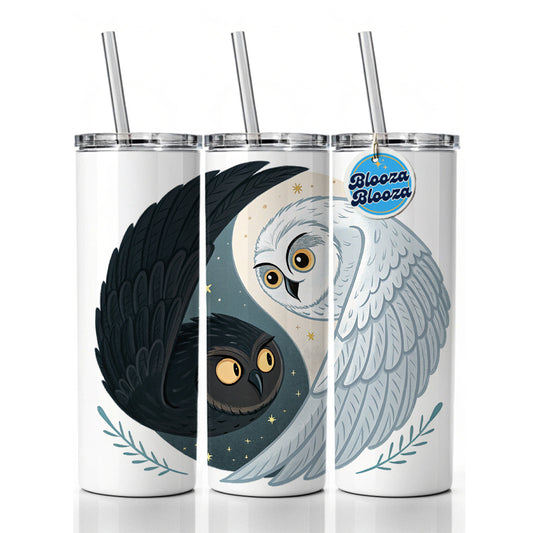Two Owls Yin Yang Black White Skinny Tumbler 20oz with Straw Insulated Water Bottle Gift
