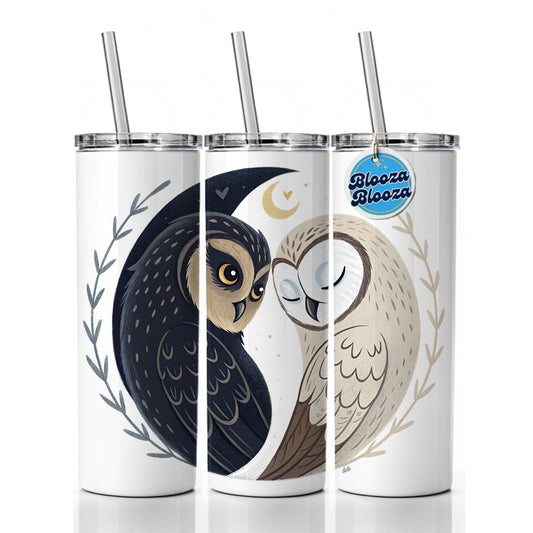 Two Owls Yin Yang Skinny Tumbler 20oz with Straw Insulated Water Bottle Gift