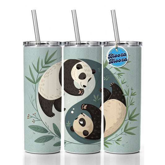 Two Pandas Yin Yang Cute Skinny Tumbler 20oz with Straw Insulated Water Bottle Gift