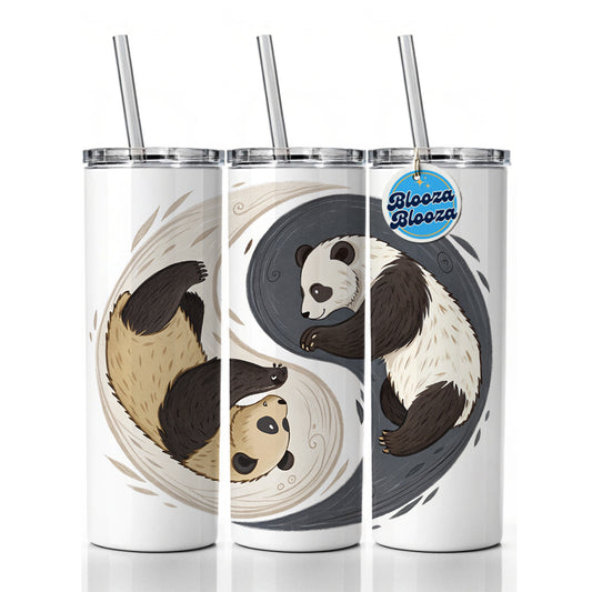 Two Pandas Yin Yang Skinny Tumbler 20oz with Straw Insulated Water Bottle Gift
