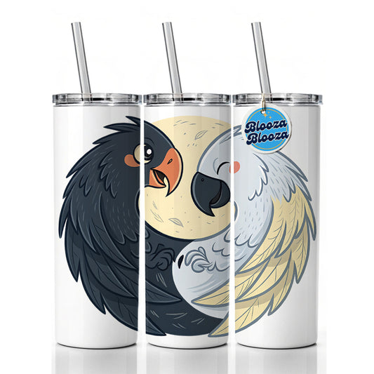 Two Parrots Yin Yang Skinny Tumbler 20oz with Straw Insulated Water Bottle Gift