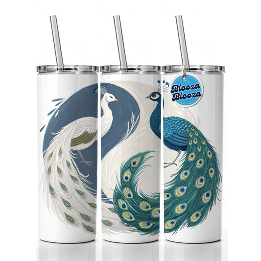 Two Peacocks Yin Yang Skinny Tumbler 20oz with Straw Insulated Water Bottle Gift