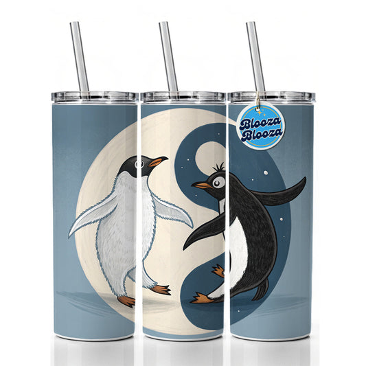 Two Penguins Yin Yang Skinny Tumbler 20oz with Straw Insulated Water Bottle Gift