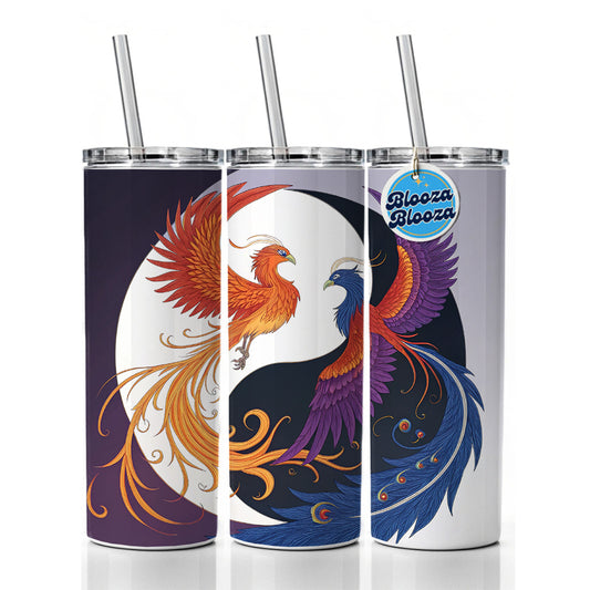 Two Phoenix Yin Yang Skinny Tumbler 20oz with Straw Insulated Water Bottle Gift