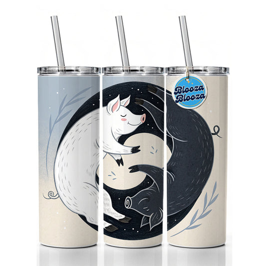Two Pigs Yin Yang Black White Skinny Tumbler 20oz with Straw Insulated Water Bottle Gift