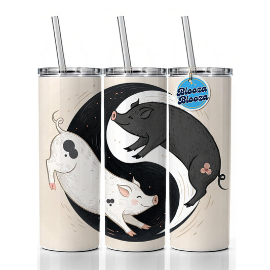 Two Pigs Yin Yang Cute Skinny Tumbler 20oz with Straw Insulated Water Bottle Gift