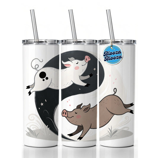 Two Pigs Yin Yang Skinny Tumbler 20oz with Straw Insulated Water Bottle Gift
