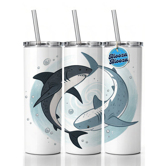 Two Sharks Yin Yang Skinny Tumbler 20oz with Straw Insulated Water Bottle Gift