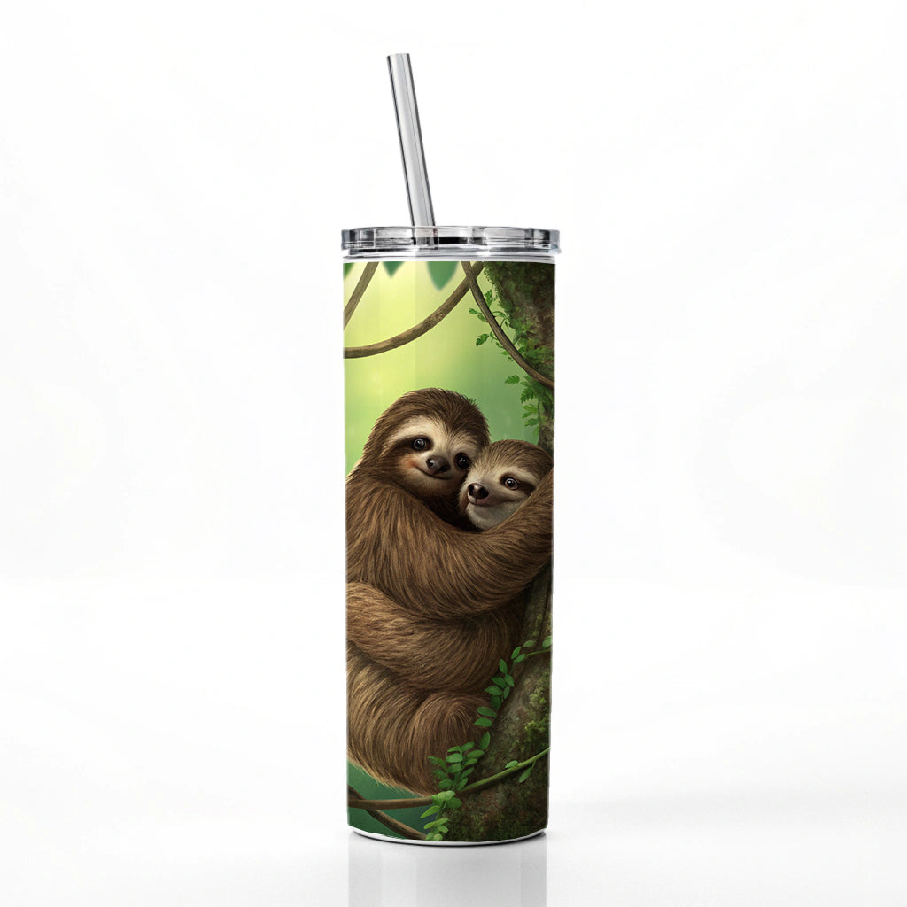 Two Sloths Hugging Skinny Tumbler 20oz with Straw Insulated Water Bottle Gift