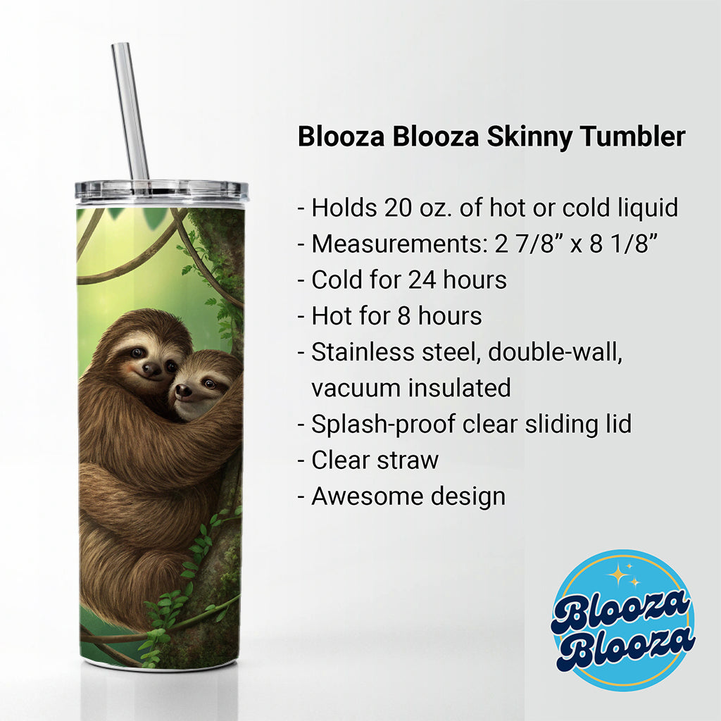 Two Sloths Hugging Skinny Tumbler 20oz with Straw Insulated Water Bottle Gift