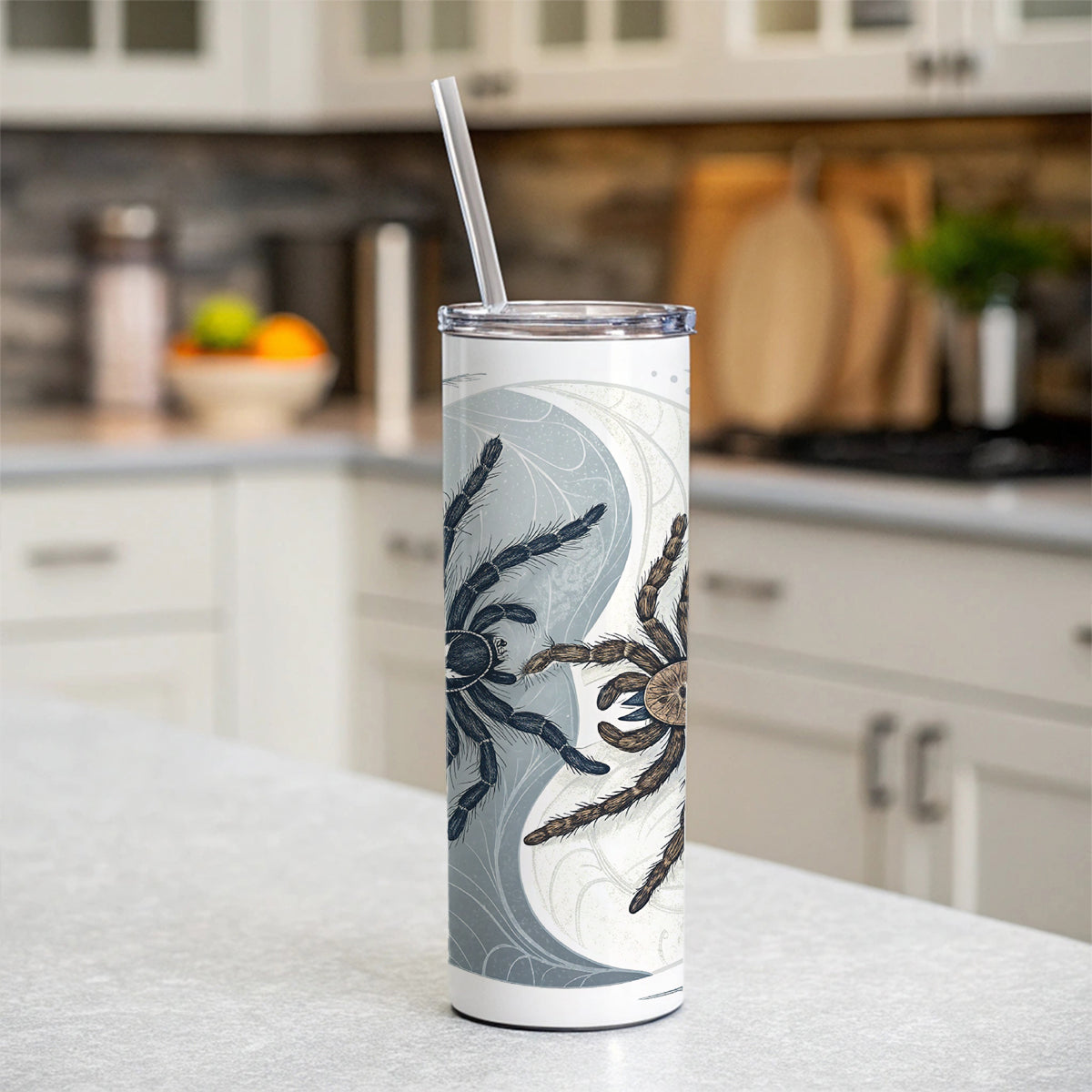 Two Tarantulas Spiders Yin Yang Skinny Tumbler 20oz with Straw Insulated Water Bottle Gift