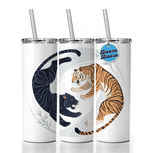 Two Tigers Yin Yang Illustration Skinny Tumbler 20oz with Straw Insulated Water Bottle Gift