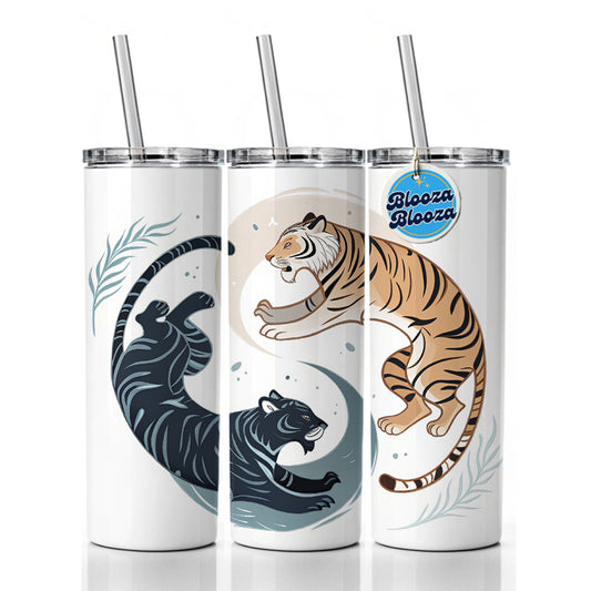 Two Tigers Yin Yang Orange Dark Skinny Tumbler 20oz with Straw Insulated Water Bottle Gift