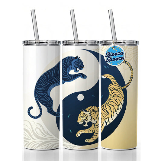 Two Tigers Yin Yang Skinny Tumbler 20oz with Straw Insulated Water Bottle Gift