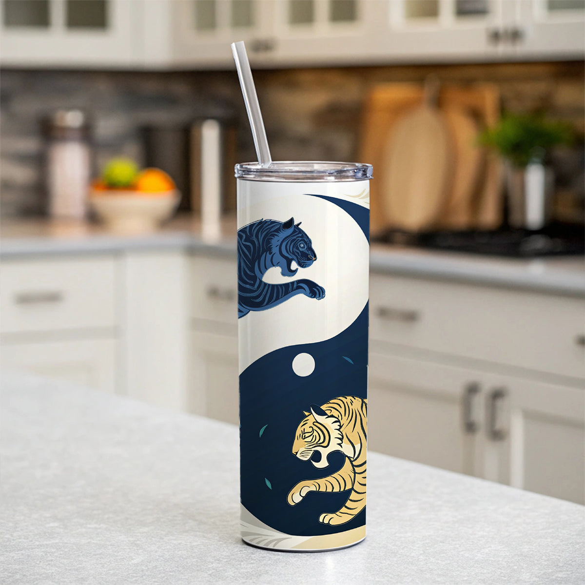 Two Tigers Yin Yang Skinny Tumbler 20oz with Straw Insulated Water Bottle Gift