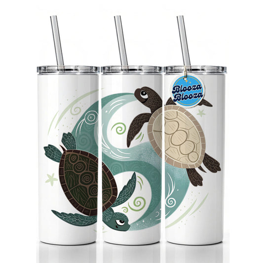 Two Turtles Yin Yang Skinny Tumbler 20oz with Straw Insulated Water Bottle Gift