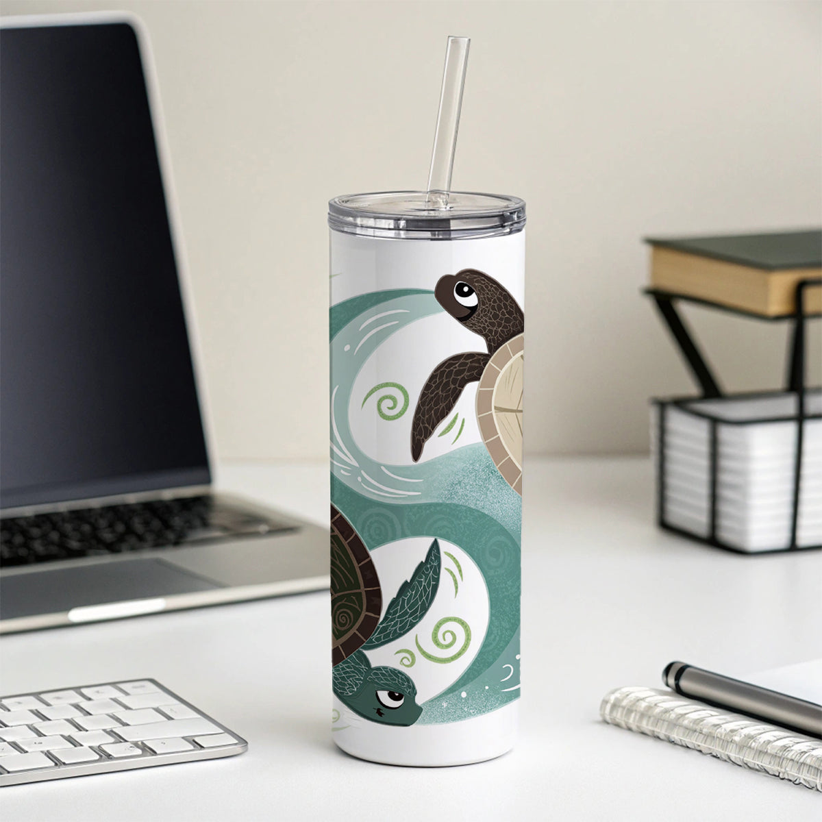 Two Turtles Yin Yang Skinny Tumbler 20oz with Straw Insulated Water Bottle Gift