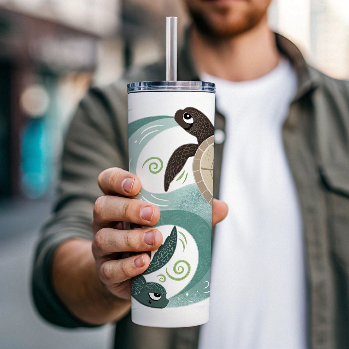 Two Turtles Yin Yang Skinny Tumbler 20oz with Straw Insulated Water Bottle Gift