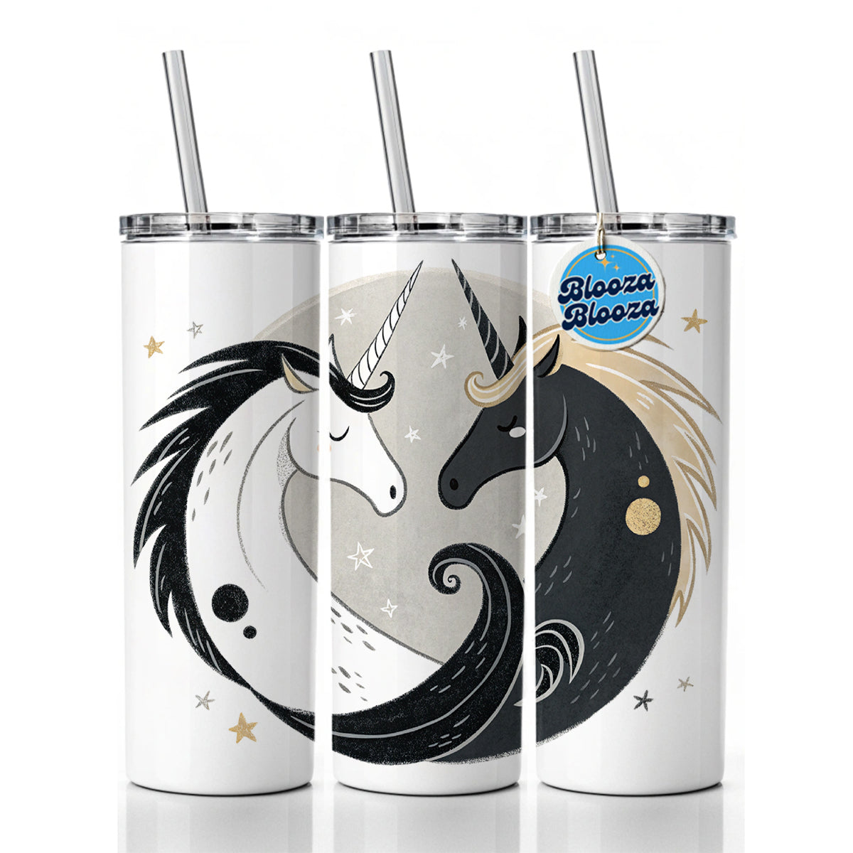Two Unicorns Yin Yang Black White Skinny Tumbler 20oz with Straw Insulated Water Bottle Gift