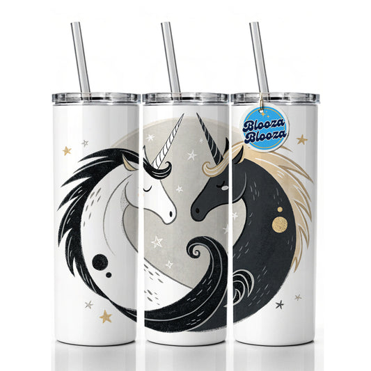 Two Unicorns Yin Yang Black White Skinny Tumbler 20oz with Straw Insulated Water Bottle Gift