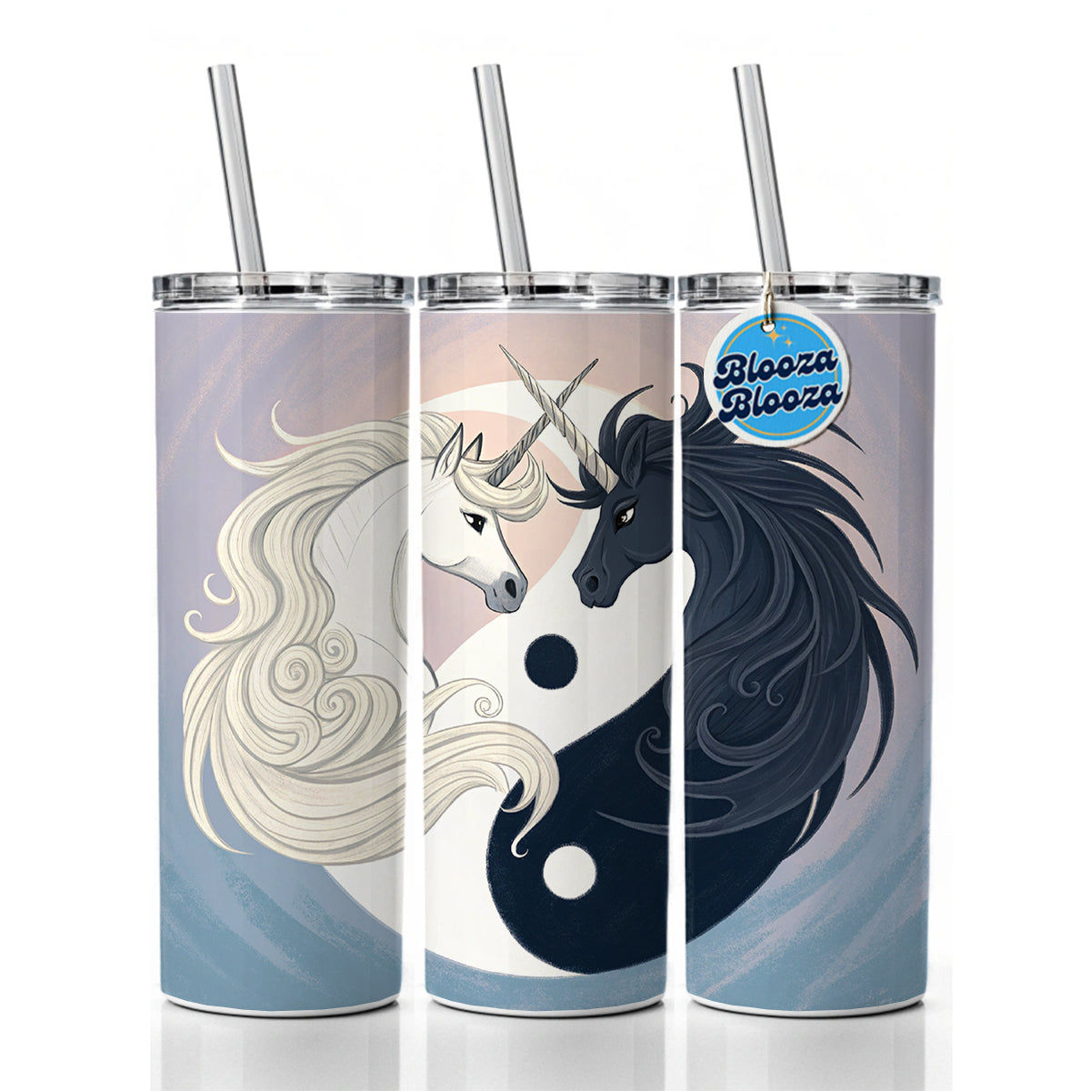 Two Unicorns Yin Yang Skinny Tumbler 20oz with Straw Insulated Water Bottle Gift