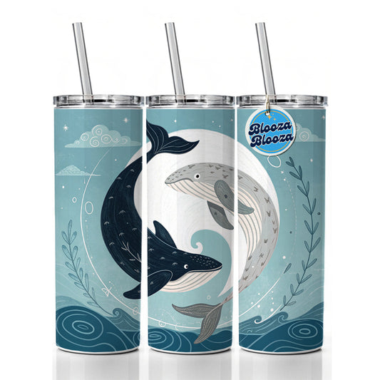 Two Whales Yin Yang Ocean Sky Skinny Tumbler 20oz with Straw Insulated Water Bottle Gift