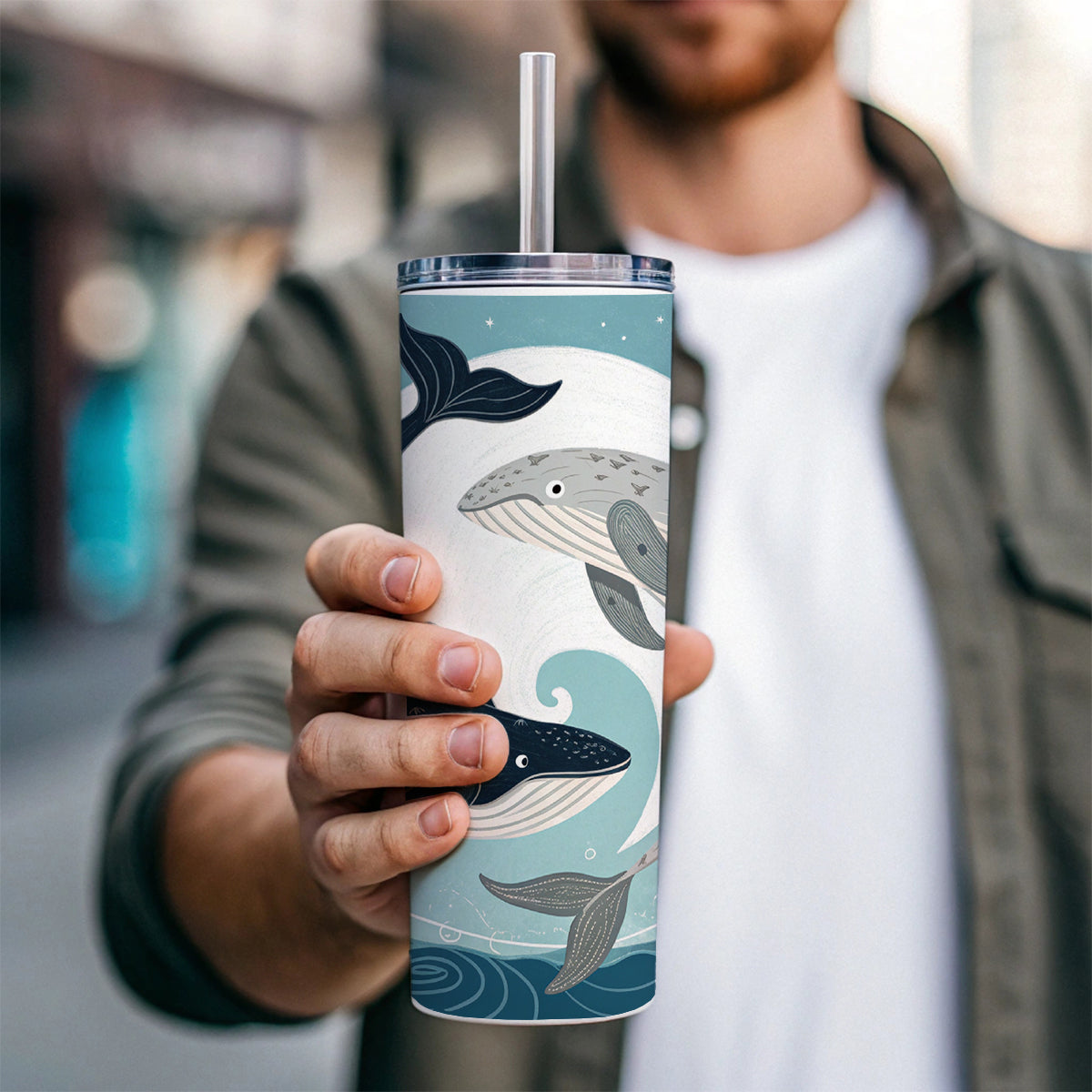Two Whales Yin Yang Ocean Sky Skinny Tumbler 20oz with Straw Insulated Water Bottle Gift