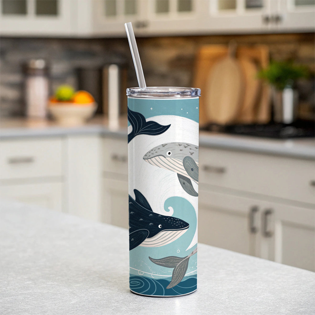 Two Whales Yin Yang Ocean Sky Skinny Tumbler 20oz with Straw Insulated Water Bottle Gift