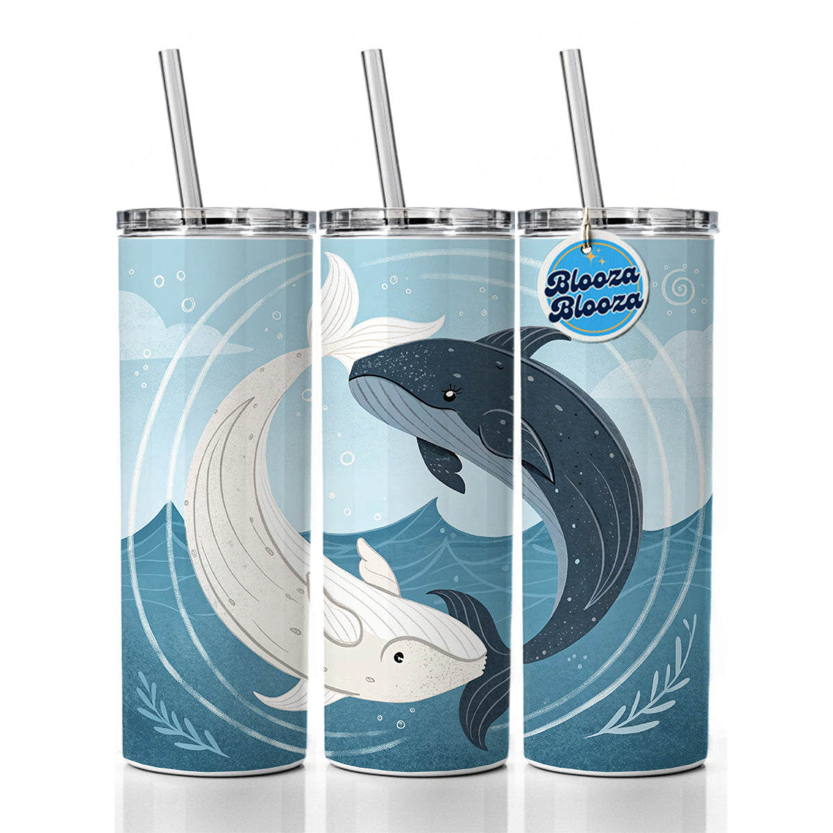 Two Whales Yin Yang Ocean Skinny Tumbler 20oz with Straw Insulated Water Bottle Gift