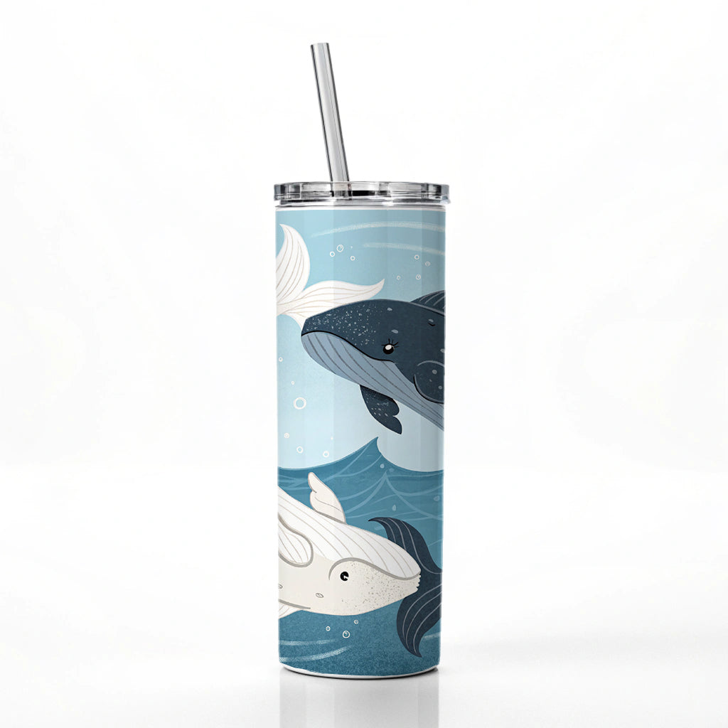 Two Whales Yin Yang Ocean Skinny Tumbler 20oz with Straw Insulated Water Bottle Gift