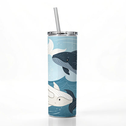 Two Whales Yin Yang Ocean Skinny Tumbler 20oz with Straw Insulated Water Bottle Gift