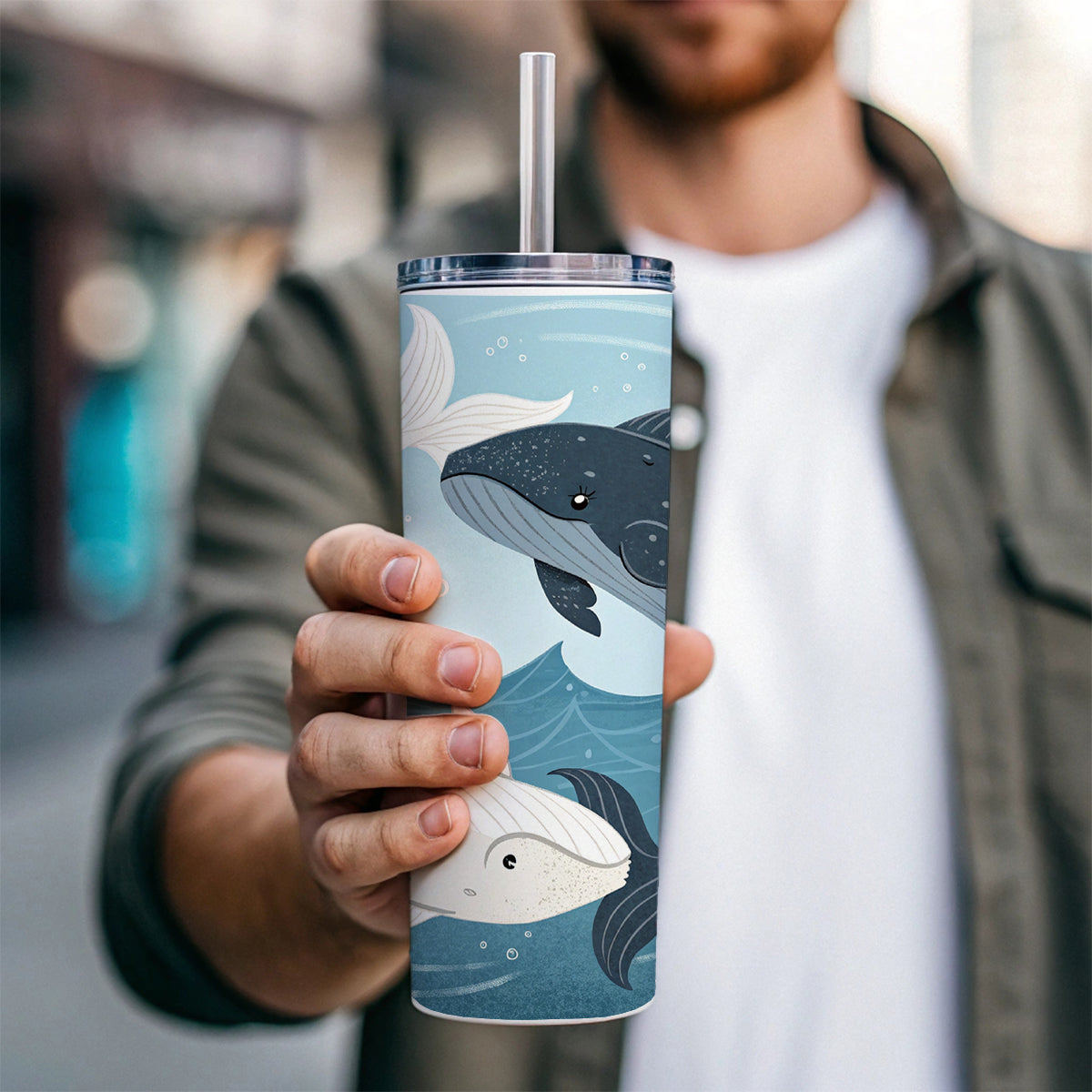 Two Whales Yin Yang Ocean Skinny Tumbler 20oz with Straw Insulated Water Bottle Gift
