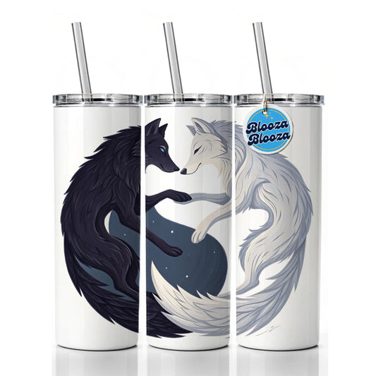 Two Wolves Yin Yang Black White Skinny Tumbler 20oz with Straw Insulated Water Bottle Gift