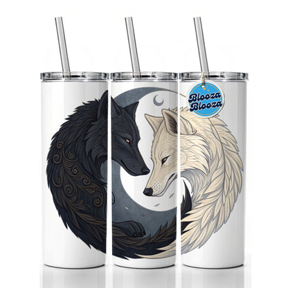 Two Wolves Yin Yang Skinny Tumbler 20oz with Straw Insulated Water Bottle Gift