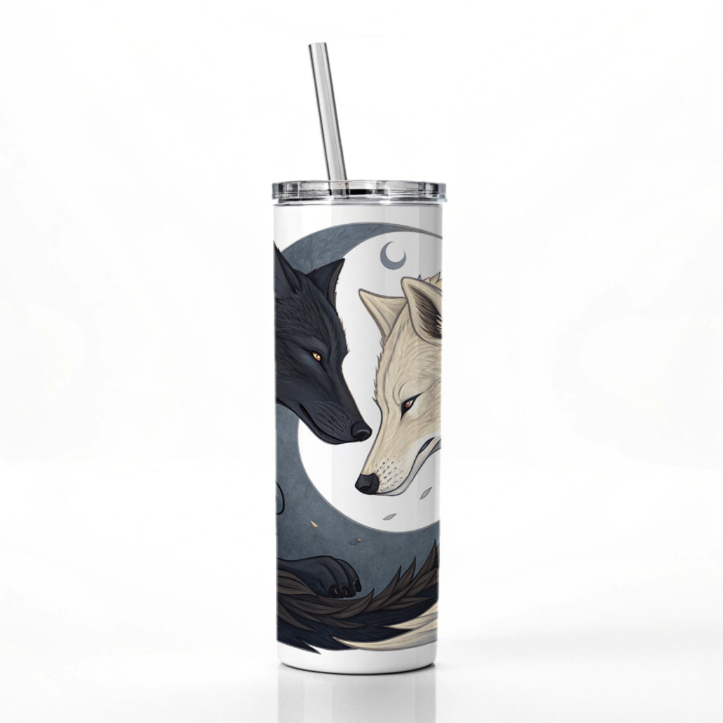 Two Wolves Yin Yang Skinny Tumbler 20oz with Straw Insulated Water Bottle Gift
