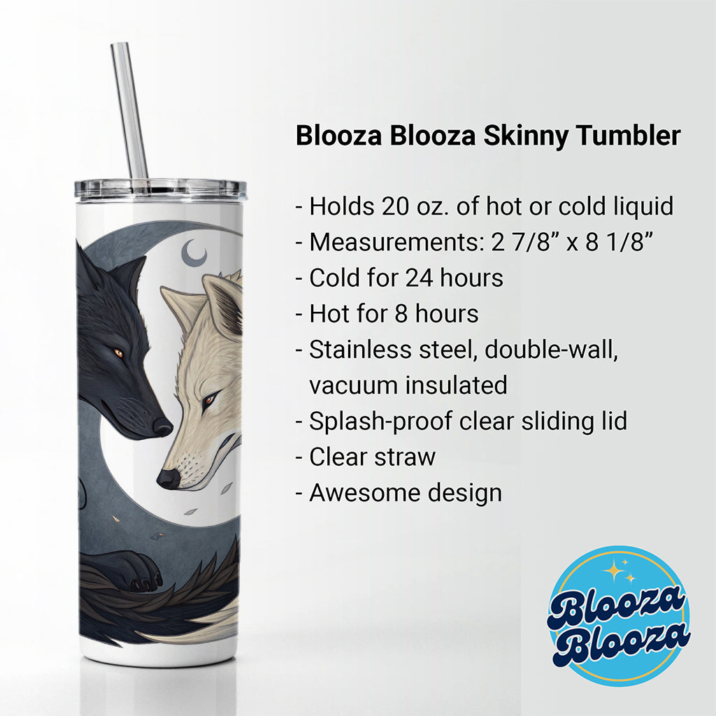 Two Wolves Yin Yang Skinny Tumbler 20oz with Straw Insulated Water Bottle Gift