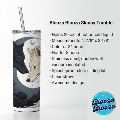 Two Wolves Yin Yang Skinny Tumbler 20oz with Straw Insulated Water Bottle Gift