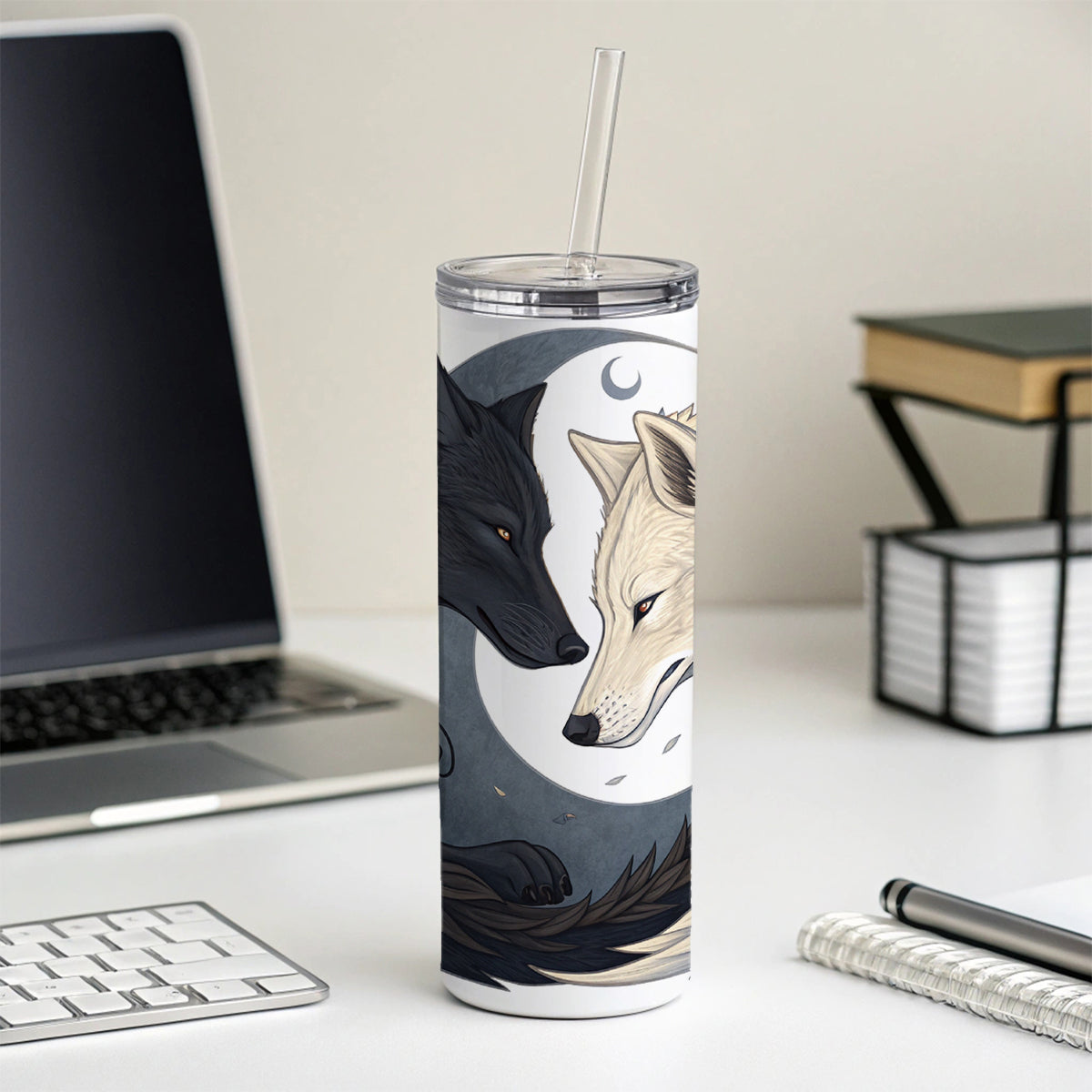 Two Wolves Yin Yang Skinny Tumbler 20oz with Straw Insulated Water Bottle Gift