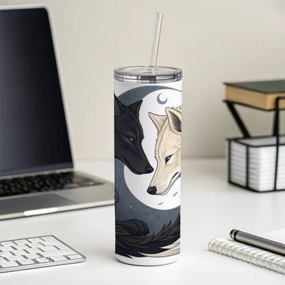 Two Wolves Yin Yang Skinny Tumbler 20oz with Straw Insulated Water Bottle Gift