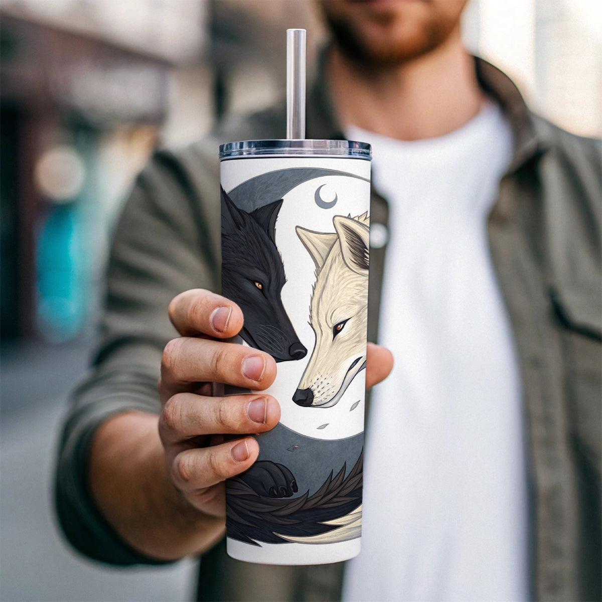 Two Wolves Yin Yang Skinny Tumbler 20oz with Straw Insulated Water Bottle Gift
