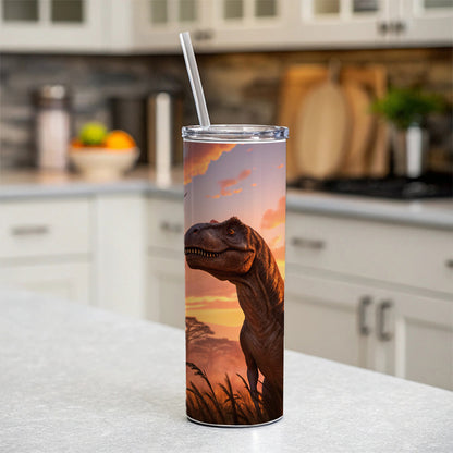 Tyrannosaurus T-Rex Dinosaur Sunset Sky Skinny Tumbler 20oz with Straw Insulated Water Bottle Gift