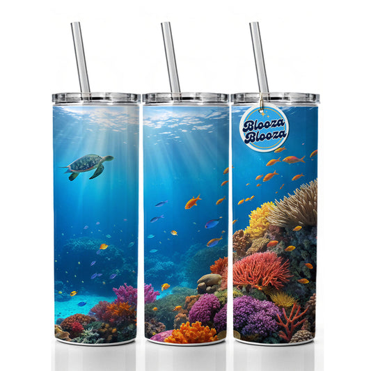 Underwater Scene Tropical Turtle Fish Coral Ocean Skinny Tumbler 20oz with Straw Insulated Water Bottle Gift