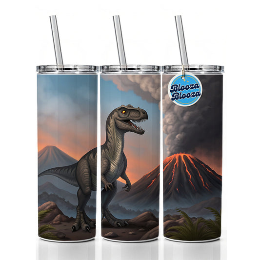Velociraptor Volcano Dinosaur Skinny Tumbler 20oz with Straw Insulated Water Bottle Gift