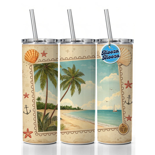Vintage Beach Postcard Tropical Skinny Tumbler 20oz with Straw Insulated Water Bottle Gift