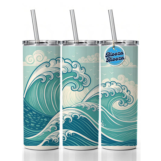 Vintage Ocean Waves Drawing Skinny Tumbler 20oz with Straw Insulated Water Bottle Gift