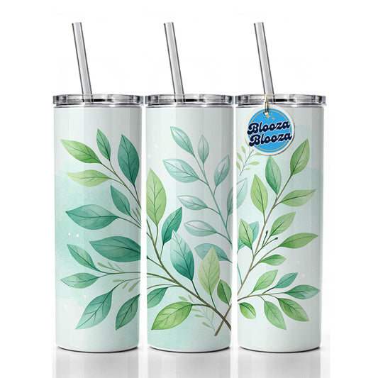 Watercolor Green Leaves And Branches Minimalist Skinny Tumbler 20oz with Straw Insulated Water Bottle Gift