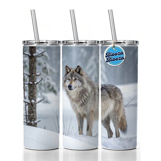 Wolf In Snow Scene Stunning Skinny Tumbler 20oz with Straw Insulated Water Bottle Gift